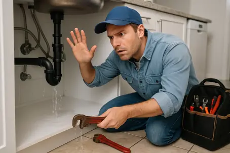 A distressed plumber kneels before a leaky pipe