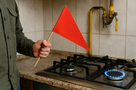 A hand holds a red flag over a lit gas stove