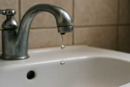 Chrome faucet drips into a white sink